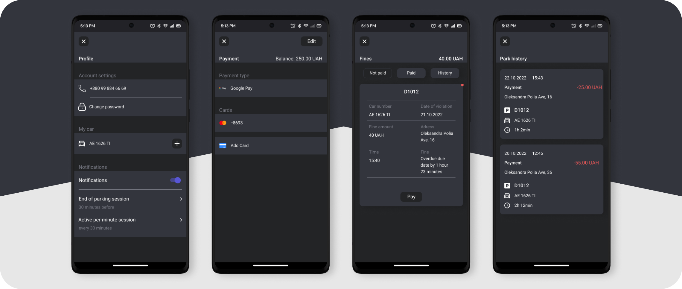 Parkly App History & Details Screens